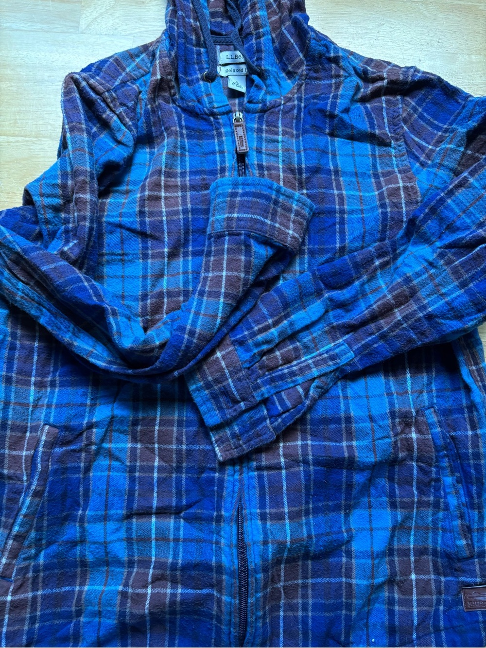 L.L. Bean Blue and Brown Plaid Hooded Flannel Pullover